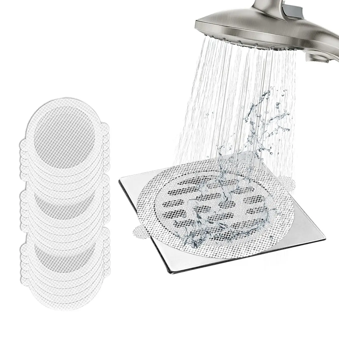 30 PCS Disposable Shower Drain Hair Catcher Mesh Stickers - Waterproof Adhesive - Easy to Use - Large 4.3 inch Shower Drain Cover Protector, Drain Hair Catchers for Shower Floor Drain Sink Strainer