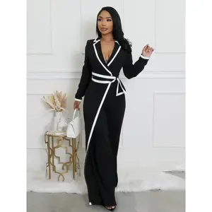 Elegant women’s long-sleeve slim jumpsuit with a chic belted waist design and colorblock patchwork; autumn and winter fashion, office wear, womenswear