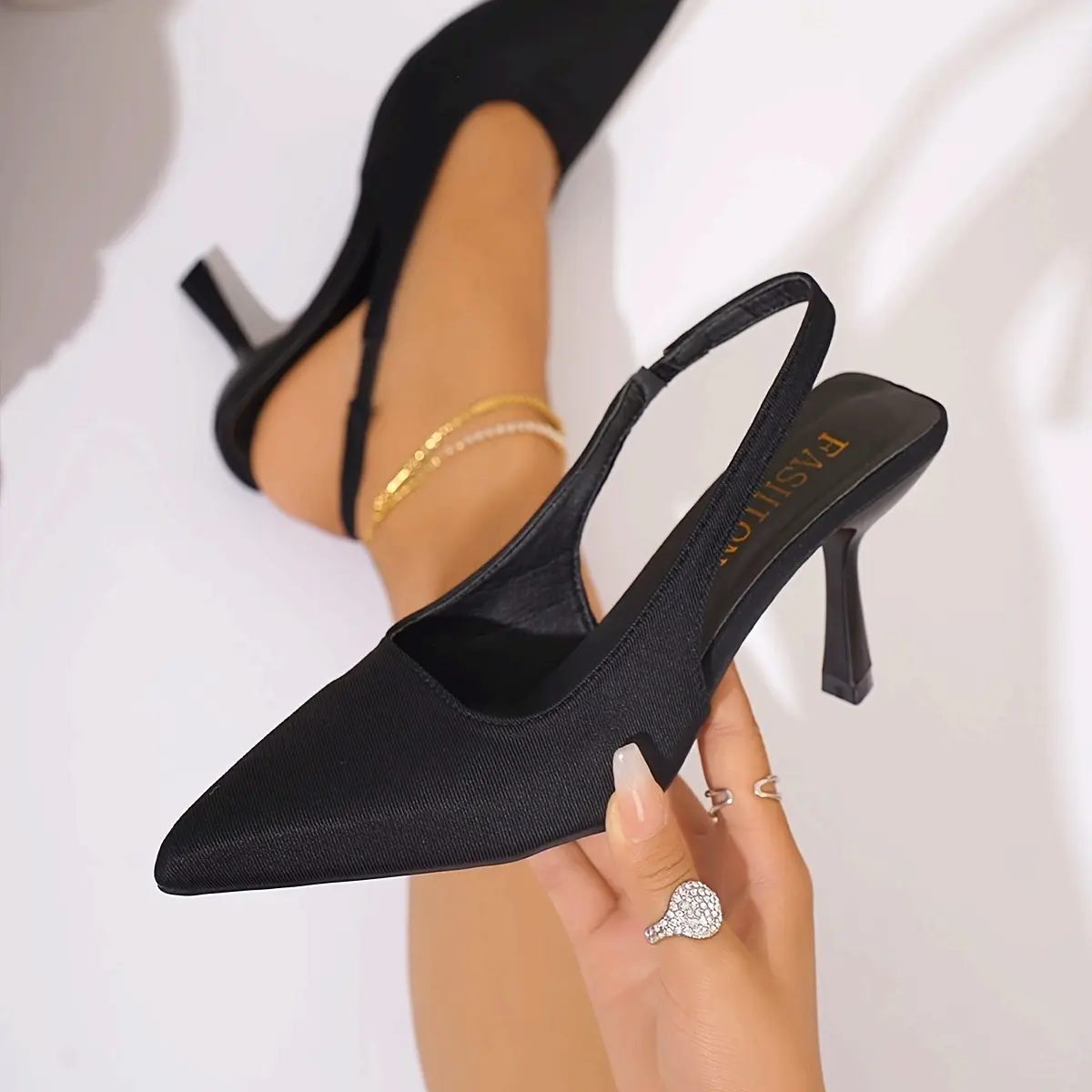 Women's Black Pointed-Toe Stiletto Heel Pumps - Solid-Color Elegant Slingback Dress Footwear for Evening Parties