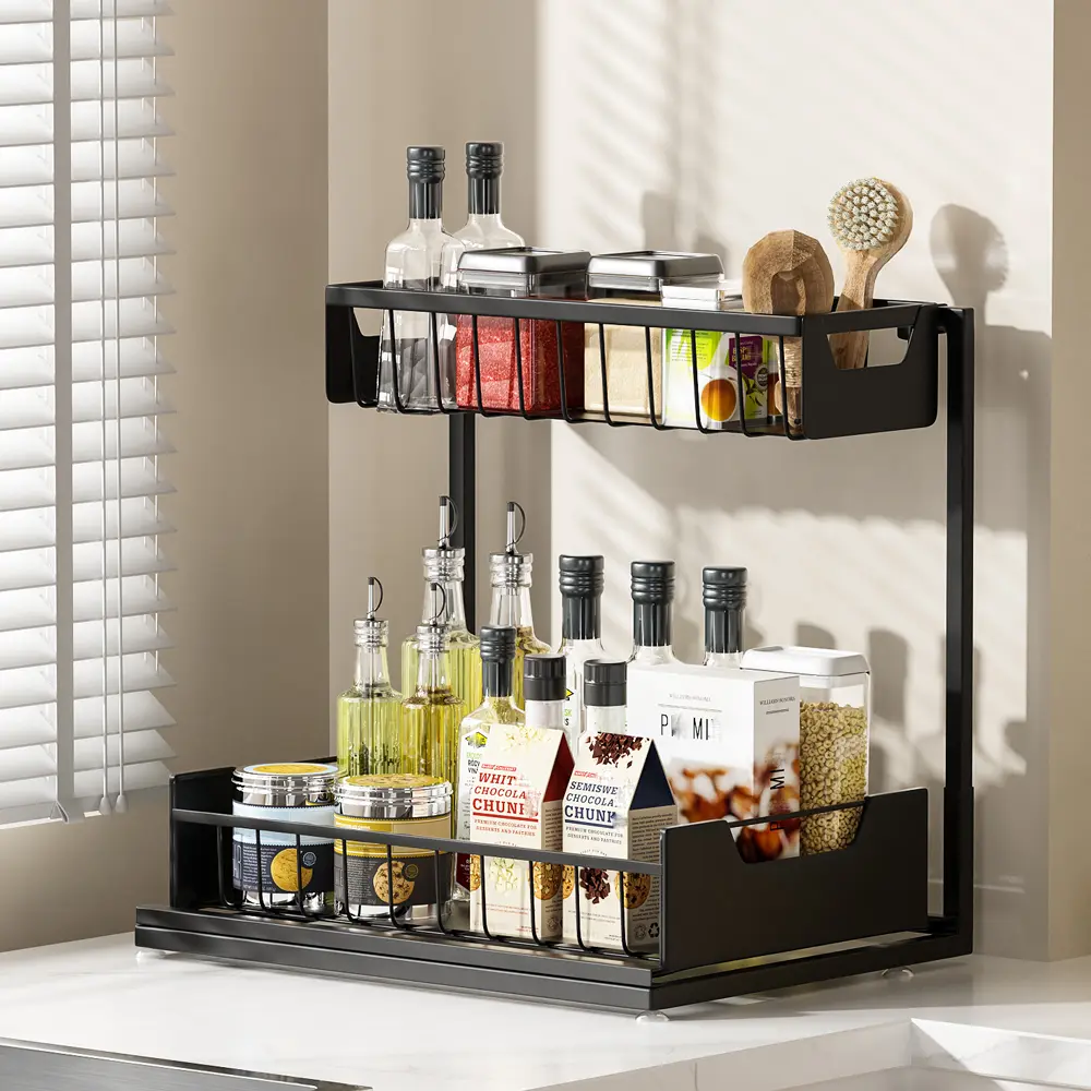 Black 2-Layer Rectangle Sliding Pull Out Under Sink Shelf - Bathroom Organizers, Adjustable Vanity Storage Holder with Frosted Matte Surface, Dish Drying Racks, Easy Installation, 1-Pack Functional Indoor Home Use for Under Sink Organization