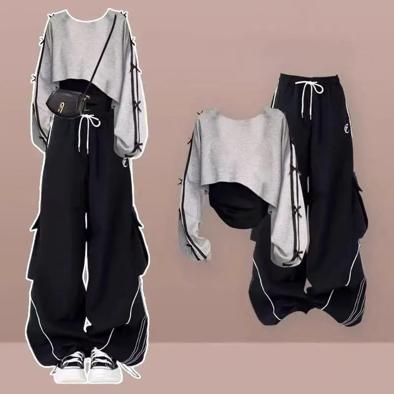 2026 Girls' Spring New Chic Tracksuit Matching Set Korean Elegant Long-sleeve Hoodie Top+Vest+Casual Cargo Pants 3-Piece Suit