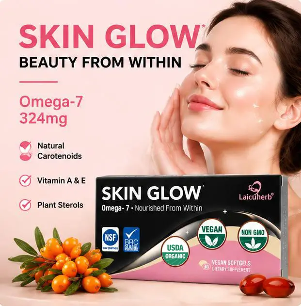 Skin Glow Organic Sea Buckthorn Oil Softgels, Beauty From Within Supplement with Omega-7 324mg, Natural Carotenoids, Vitamin A & E, 30 Count