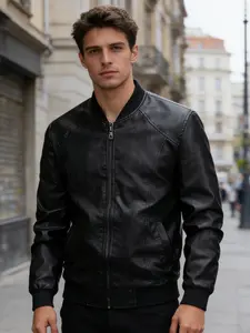 Spring Men's Leather Jacket Coat, Long Sleeve Plain Classic Stylish Motorcycle Flight Baseball Collar, Fitted Business Casual Comfy Warm Wear for All Ages