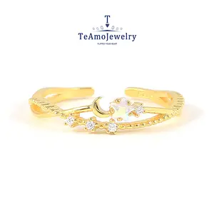【RZ-371】925 Sterling Silver Artificial gemstone 5A Ring, Geometric Moon Small and Sparkling Open Ring, 4 styles to choose from
