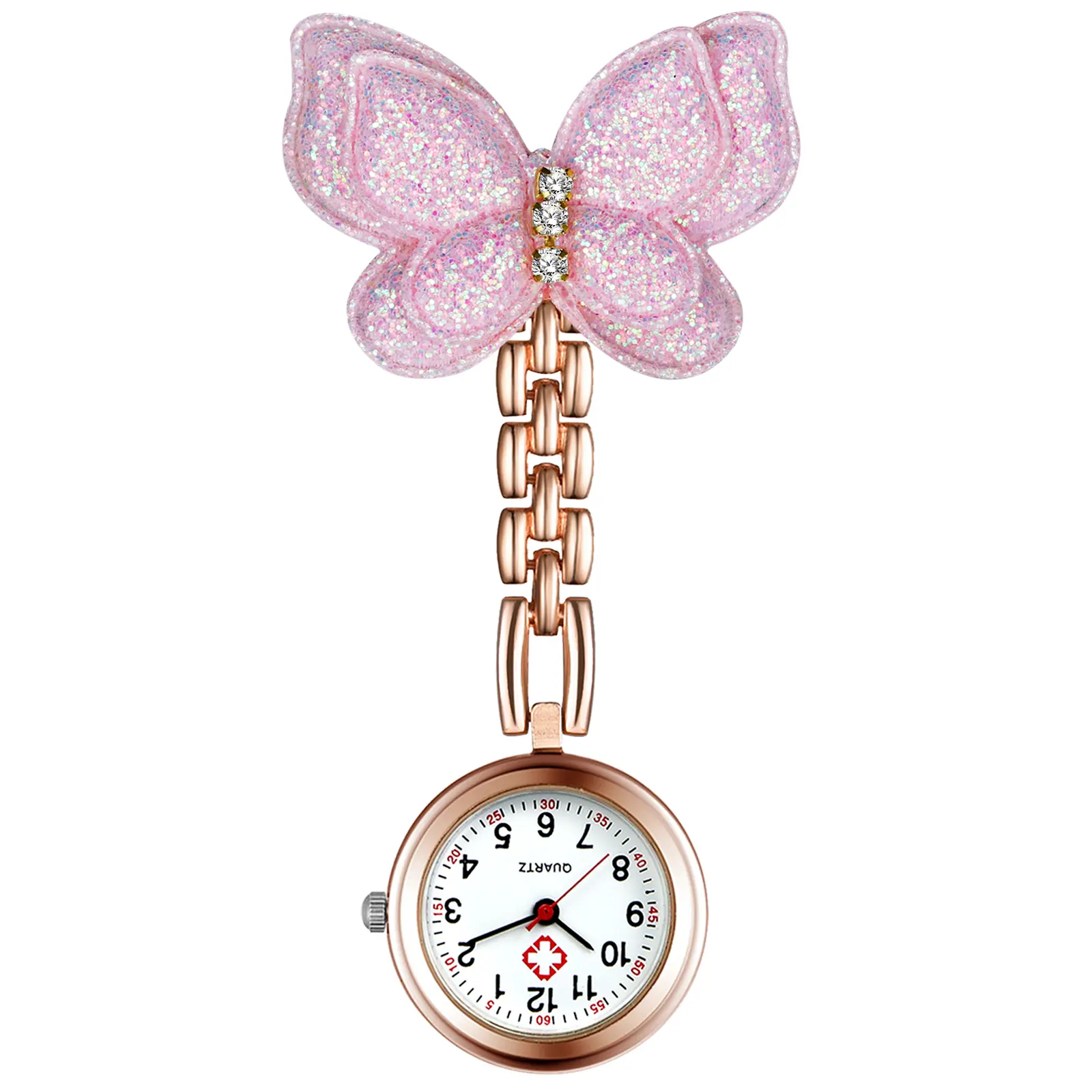 OIDEA Women's Crystal-Themed Pocket & Fob Watch, Shimmering 3D Double-Layer Butterfly Pin-On Nurse Watch, Quartz Movement, 1ATM Water Resistance, 3.54 in Size, 3 Color Options, Crystal-Themed Pocket & Fob Watches
