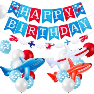 56-Pc Airplane-Themed Party Kit with Latex Balloons, Inflatable Airplane, and Birthday Decor