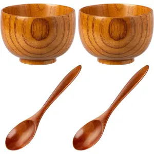 2 Sets Wooden Bowls for Food, Small Wood Bowls with Wood Spoons for Dessert Snacks Soup Tableware Set