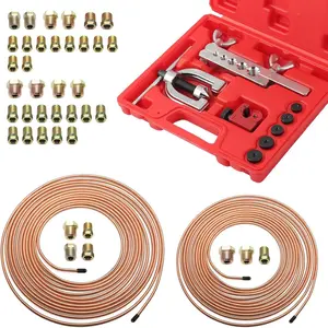 25Ft 1/4" and 3/16" Brake Line Kit Single & Double Flaring Tool Kit with 32 Inverted Fittings Copper Plated Brake Lines Repair Kit