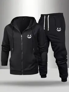 Men's zip-up hoodie with smiley face pattern print + smiley face pattern print ribbed pants set, spring/autumn casual outfit featuring pullover hoodie, regular fit sweatshirt, and jogger pants with drawstring waistband and cuffed ankles, two-piece set sui