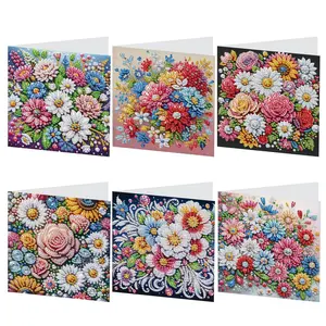 Flower Pattern Diamond Arts Colorful Painting Greeting Card Kit, 6 Counts/set DIY Floral Diamond Arts Birthday Cards, Creative Gift for Friends