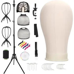 MELLOW MORNINGS 22'' Canvas Wig  with 61'' Adjustable Tripod Stand, Mannequin  Set for Styling, Display  Includes Caps, Elastic Bands, Stand & Tool Kit for Beginners and Professionals