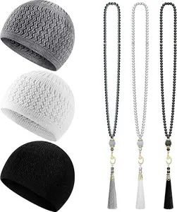6 Pieces Kufi Hats for Men and Muslim Prayer Beads Set Include 3 Handicraft Knitted Hat Stretchy Taqiyah Cap and 3 Tasbih 99 Beads Muslim Ramadan Gifts