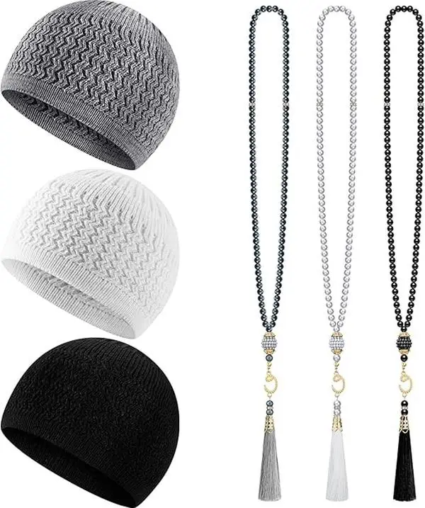 6 Pieces Kufi Hats for Men and Muslim Prayer Beads Set Include 3 Handicraft Knitted Hat Stretchy Taqiyah Cap and 3 Tasbih 99 Beads Muslim Ramadan Gift