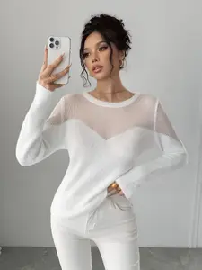 Women's Solid Color Round Neck Long Sleeve Knitted Sweater, Comfortable Skin-Friendly Pullover for Spring Summer Fall Casual Wear