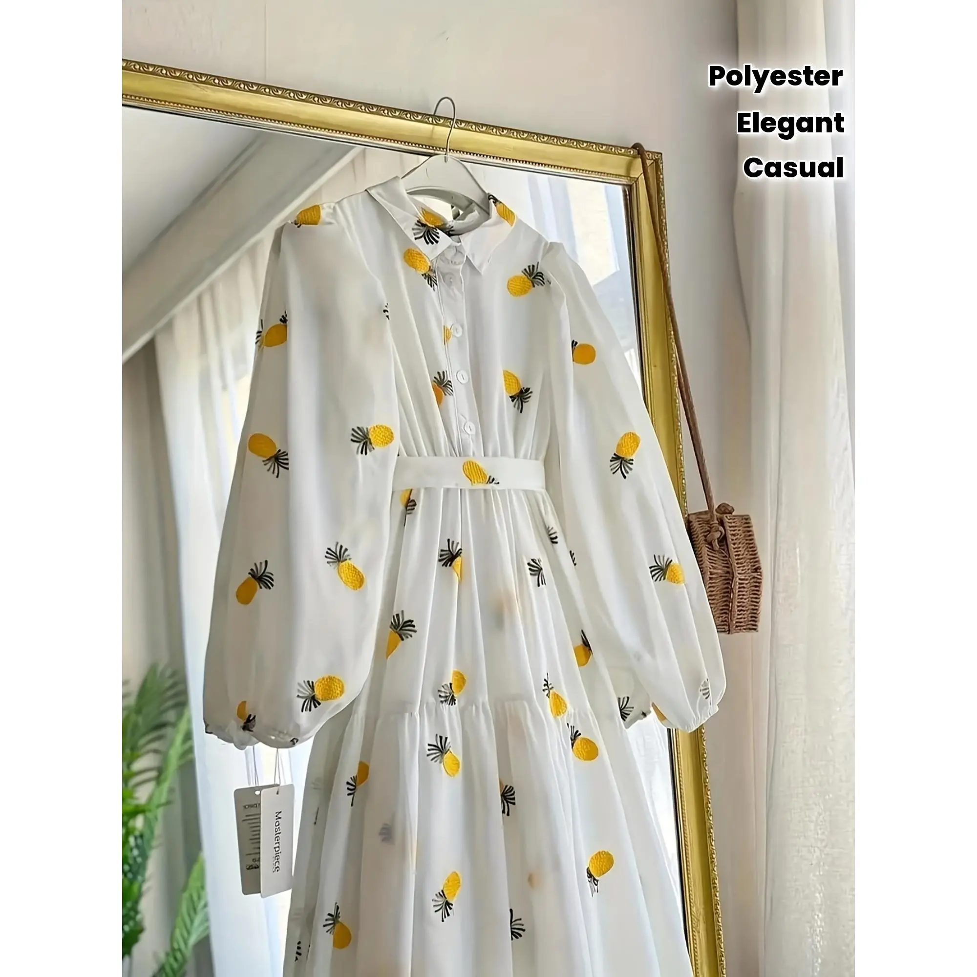 Women'S Elegant Pineapple Print Maxi Dress - Slim Fit A-Line Silhouette, Waist-Cinching, Machine Washable Polyester, Perfect for Casual Outings, Travel, and Parties, All-Season Wear