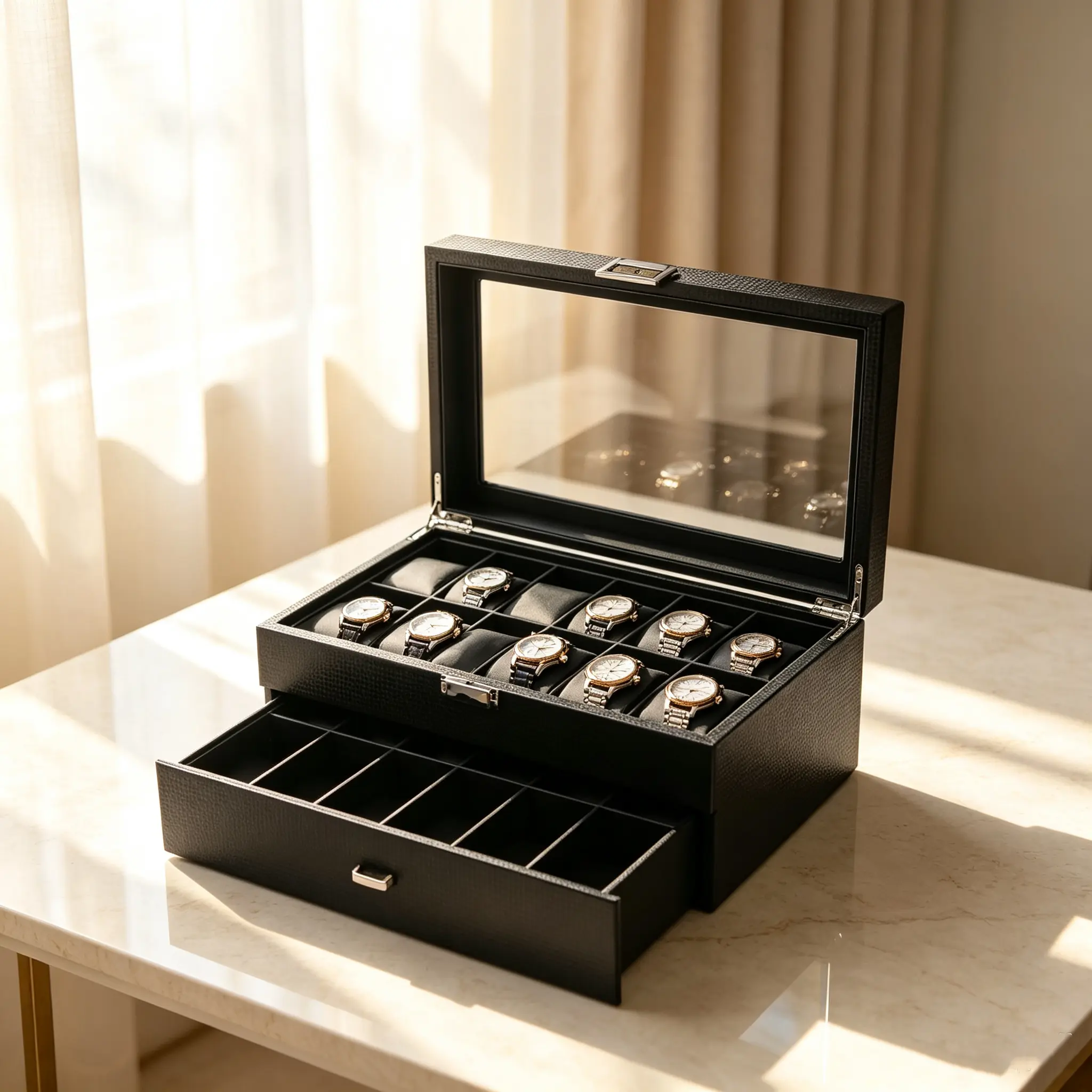 CNCEST 2-Layer Carbon Fiber Watch Box with Glass Top, 24-Watch Display Case Organizer with Soft Pillows, Luxury Wood Storage with Multiple Uses for Business Casual Jewelry, Bracelets, Necklaces, Two Layers