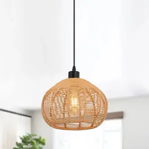 Garwarm 9.84 Inch Rattan Farmhouse Bohemian Pendant Light,Rustic Woven Pendant Ceiling Light Fixture, Farmhouse Pendant Lighting for Home Decro, Kitchen Island, Dinning Room,Bedroom, Living Room