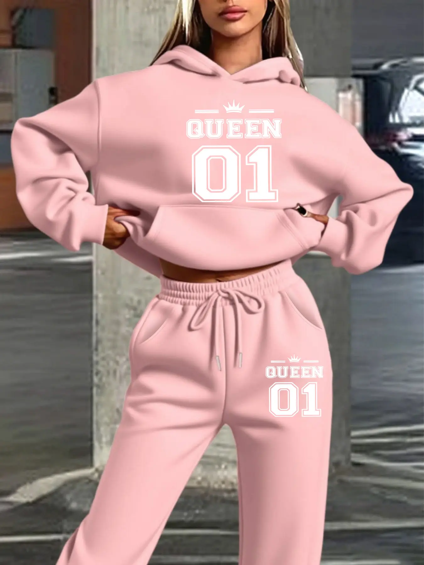 Women's Hooded Sweatshirt Set, Autumn Winter Crown & Queen Theme, Sweet Cool Style, Casual Fitted Design, Perfect for Daily Outfit
