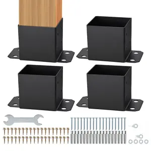 6x6 Post Base Kit, 4 Pieces, Inner Size 5.6 x 5.6 Inches, Heavy-Duty Powder-Coated Post Anchors, Matte Black Wood Post Brackets For Pavilion Deck Railing And Support Base Plate For Outdoor Projects