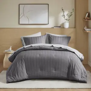 360 stand King Size Minimalist Striped Weave Breathable Duvet Microfiber Bedding Set - Charcoal, Modern Design, Breathable Fill, Breathable Duvet Set