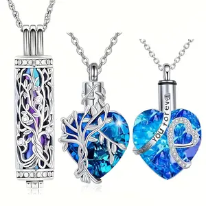 3pcs Cremation Urn Necklace For Ashes Tree Of Life Cylinder Cremation Jewelry Crystal Heart Urn Necklace Hummingbird Memorial Urn Pendant For Women Men Loved Ones