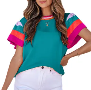 Asvivid Women's Summer Cap Sleeve Tops Casual Color Block Crewneck Loose Fit Knit Lightweight Sweater Pullover Top