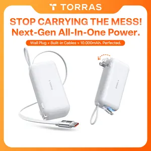 TORRAS EasyGo 3-in-1 Portable Charger 10000mAh Power Bank with 28" Retractable USB-C Cable Foldable Wall Plug 35W Fast Charging Travel Essential Battery Pack for iPhone 17/16/15 iPad Samsung Galaxy - White,summervibes