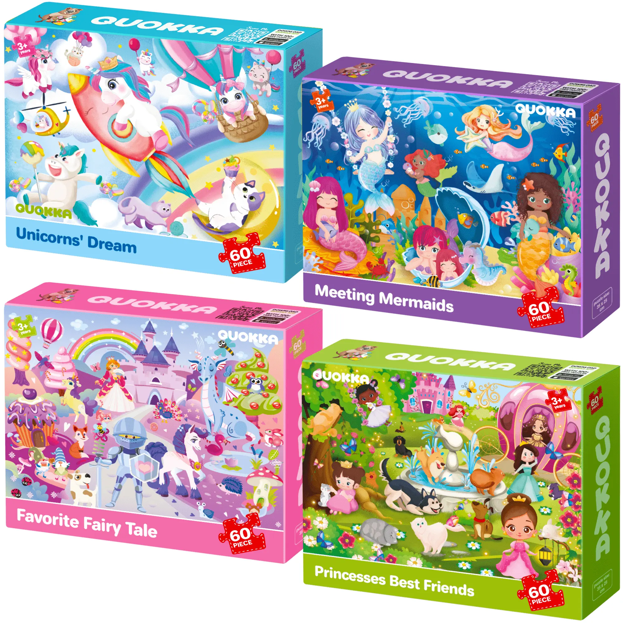 QUOKKA Kids' Cardboard Jigsaw Puzzle Set - 4-Pack, 60 Pieces Total, 13.8x9.8 Inches, Fantasy Fairy Tail Designs (Unicorns, Princesses, Animals) - Developmental Play Toy for 6-8 Years Toddlers