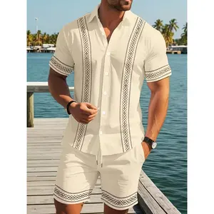 Men's Casual Rhombus Geometric Print Short Sleeve Shirt + Drawstring Sports Pocket Shorts Set, Perfect for Hawaiian Vacation Beach Style