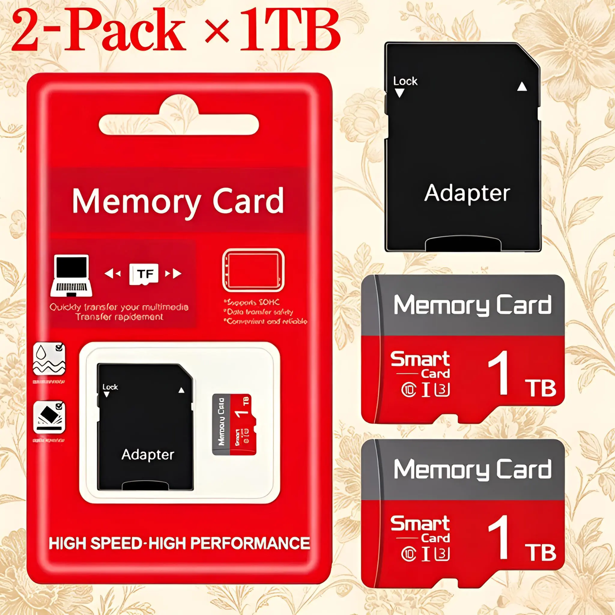 2 Pack 1TB Micro SD TF Memory Card Class 10 U3 With SD Card Adapter, Portable Storage Flash Card for Smartphones, Dash Cams, Security Cameras, Nintendo Switch, Drones, Tablets & Media Players