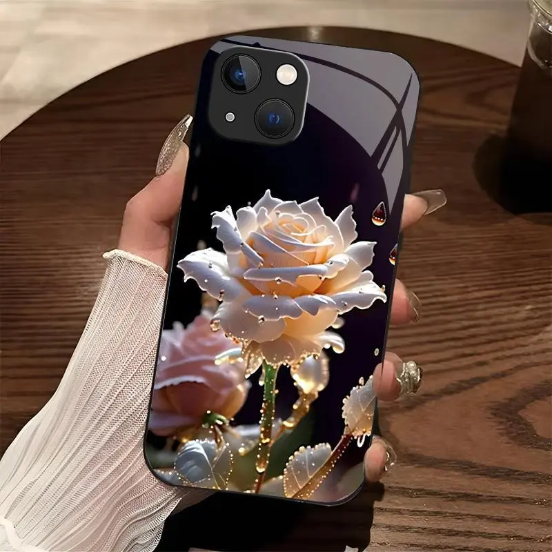 Luxury Rose Glass Smartphone Case, Shockproof Floral Cellphone Casing with Camera Protector, Phone Accessories Compatible with iPhone 13