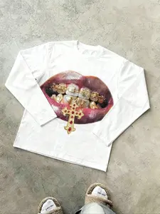 Men's Long Sleeve Graphic T-Shirt, Top, Basic Layering Tee, Cross Mouth Jewelry Pattern, Fashion Casual Daily Streetwear, Perfect Gift Choice