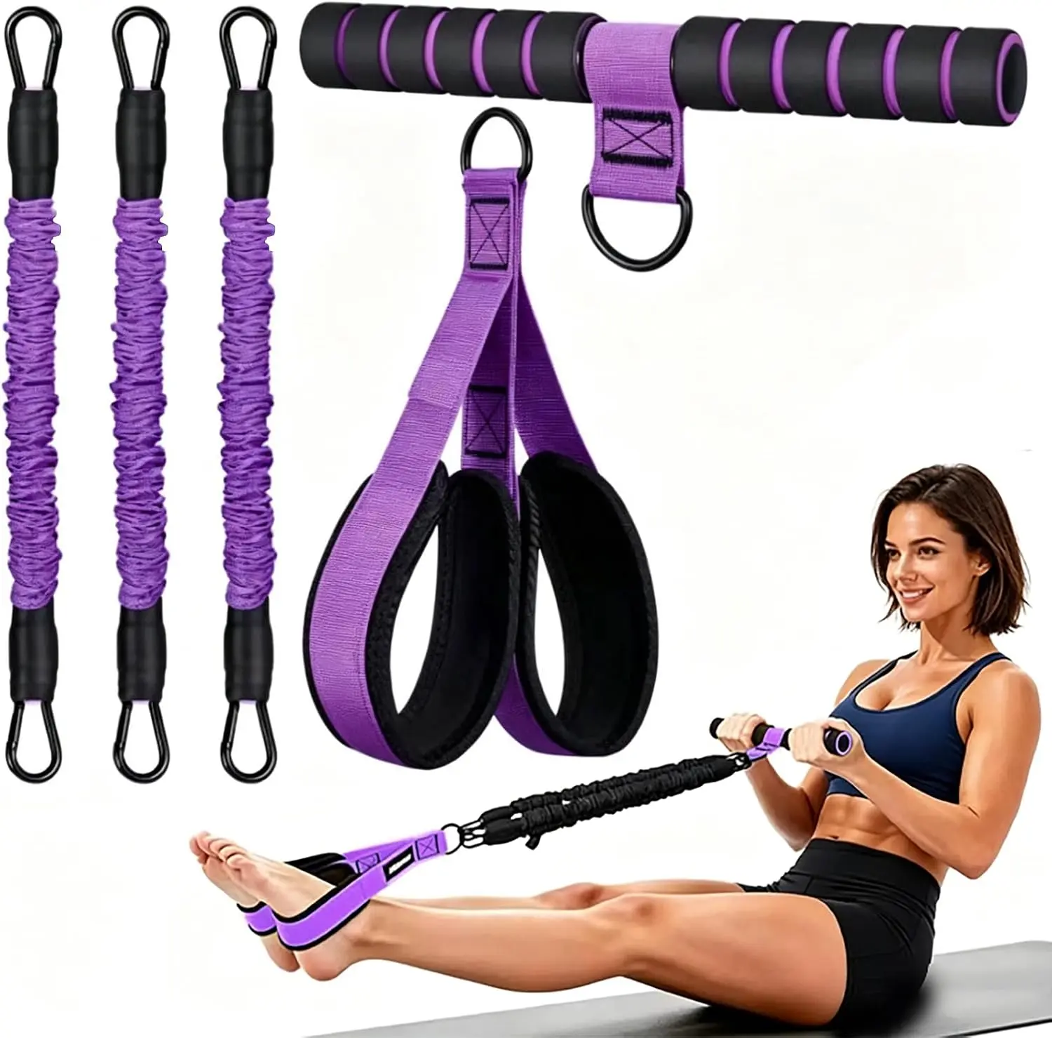1pc Upgraded Durable Pedal Resistance Band | With Handle, Thickened Latex Tubes, Soft Foam Fabric Foot Pedal, Medium Tension, Stackable, Purple and Pink, Ideal for Abdomen, Waist, Arm, Core/ABS, Leg Workouts