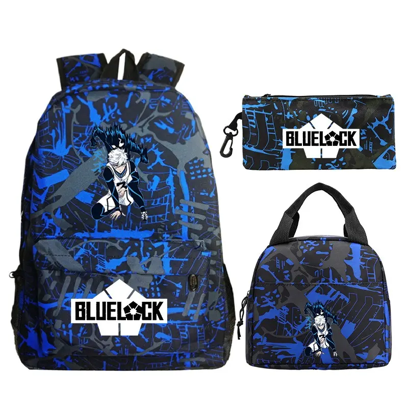 Men's Blue Lock 3-Pcs Anime Fashion Backpack Set - Large Capacity Waterproof Rucksack, Pencil Case, Lunch Box Bag for Teens