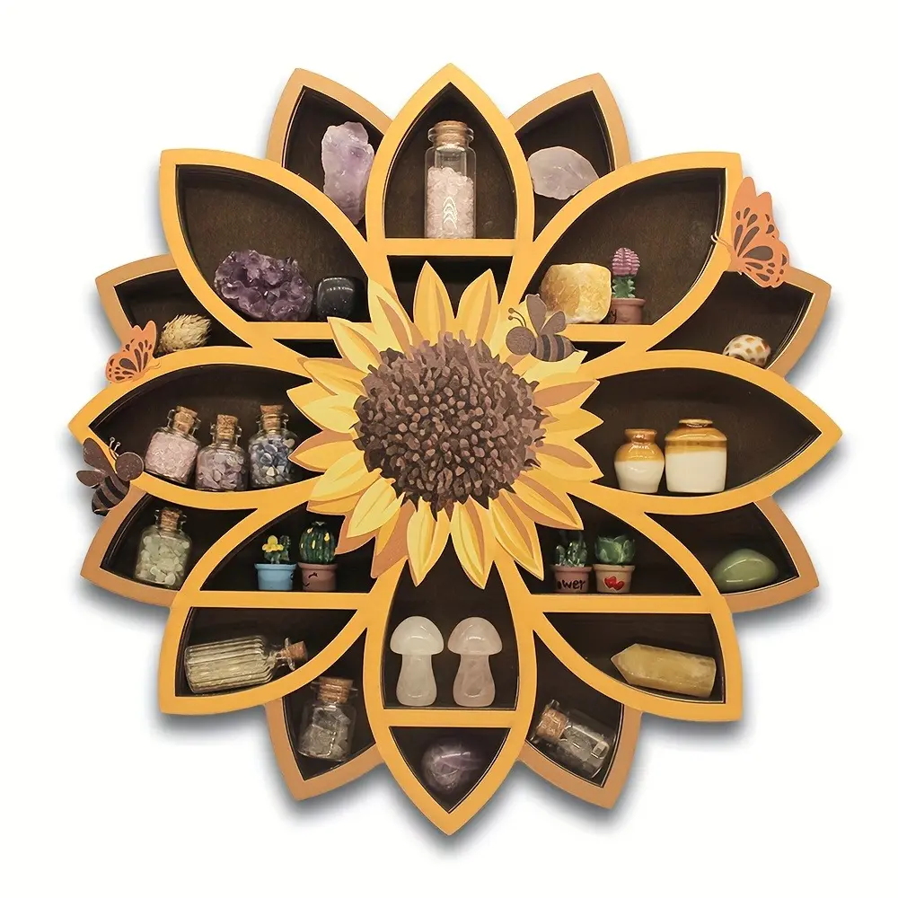 FNYDOXGI Decorative Wooden Sunflower Floating Shelf - 1pc UV Printed Whimsical Spiritual Wall Mount Shelf with Gemstones, Essential Oils, Polished Finish, Butterfly-Themed Gift Box for Living Room, Study