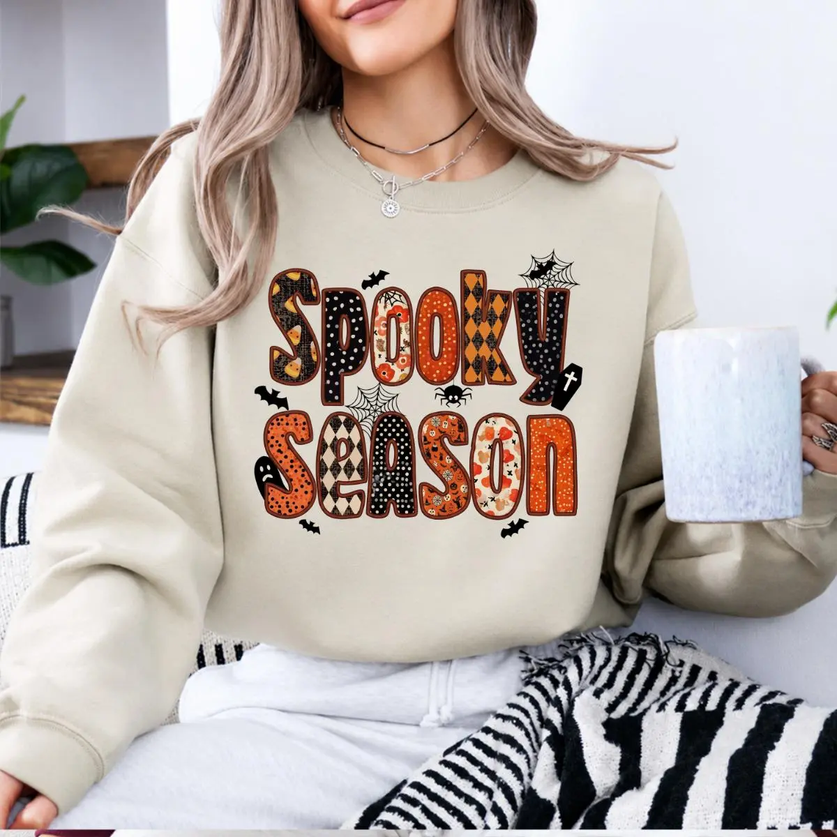 Women's Spooky Season Halloween Cotton Fleece Sweatshirt - Crew Neck, Casual, Lightweight, Patchwork Letter Graphic, Retro Pumpkin Bat Spider Web Print, Fall Party Gift