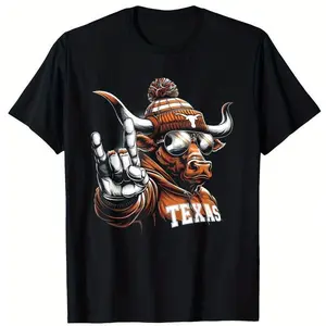 1 piece Men's Texas Longhorn Pattern T-Shirt, 100% Cotton Material, Round Neck, Short Sleeve, Regular Fit, Weekend Casual Wear, Spring and Summer Season Casual Wear, 200g/m² - Suitable for Valentine's Day, New Year, Father's Day, Christmas Casual