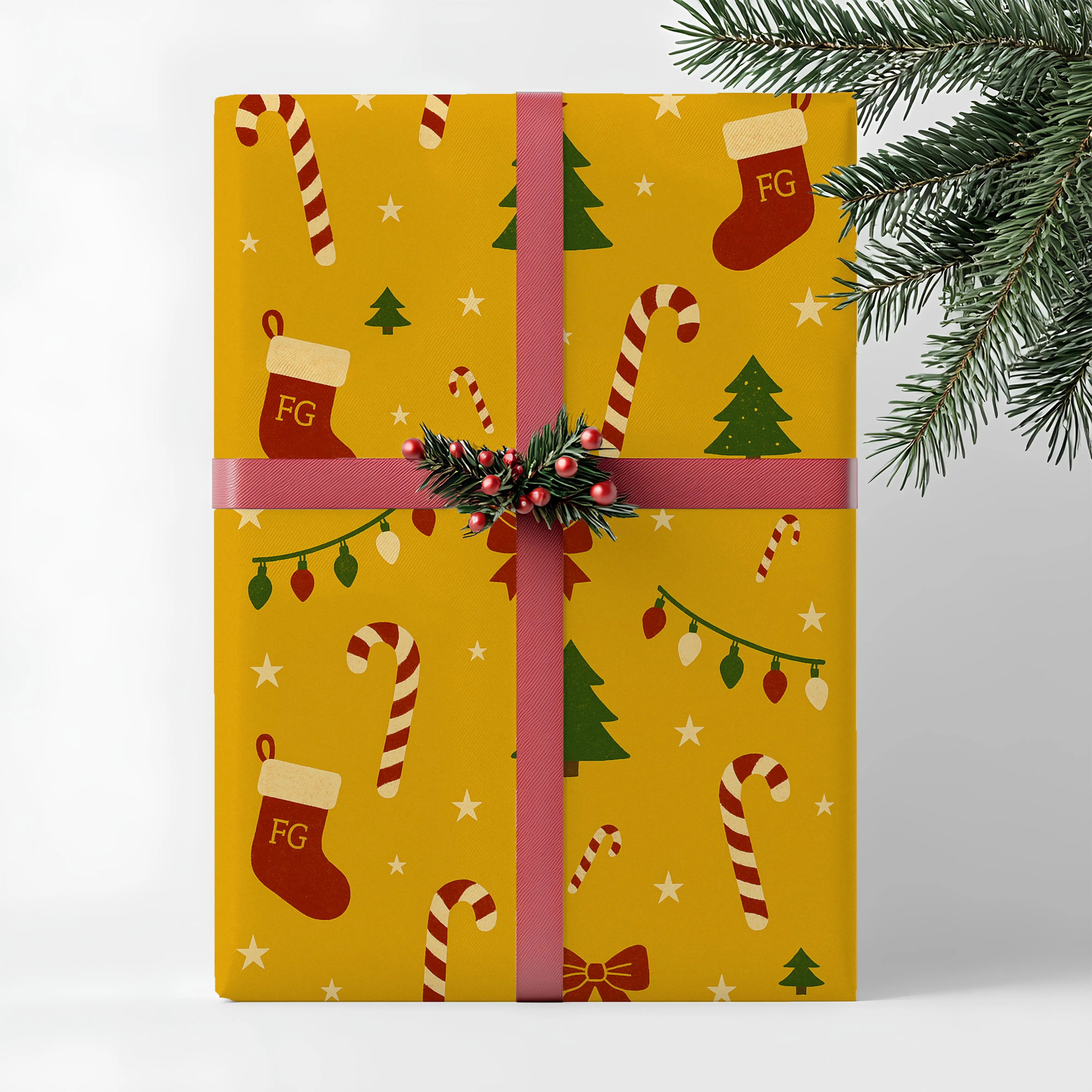 Playful Festive Framed Greetings Wrapping Paper Collection - 2-Roll Bundle, Premium Matte Paper with Rich Pigment Red, Gold, Cream, Blue Ornaments & Tinsel, 12 ft Multi-Size for Christmas Holiday Gifts, Silent Night