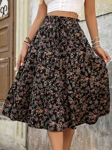 Vintage Ditsy Floral High Waist A-Line Skirt, Fitted Casual Boho Style, Spring & Fall Fashion, Leaf Hem Design, Women's Clothing
