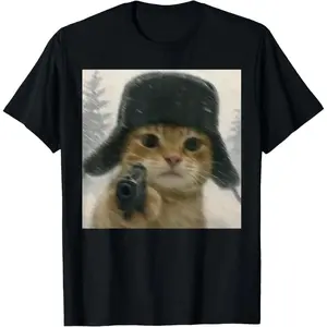 Wacky Cat Wearing Ushanka Hat  Meme Cat Humor T-Shirt