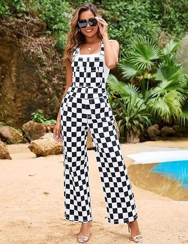 ODEFOU Women's Casual Baggy Bib Overalls, Stretchy Checkered Print Straight Leg Jumpsuit with Adjustable Straps and Pockets