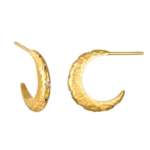 Kindred Spirits Sparkling Moon Hoops 18K Gold Plated Earrings with White Topaz Stones 18mm Hoop Size for Personalized Ear Stacks
