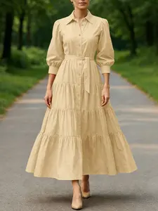 Elegant Women's Solid Color Dress, Collared Long Sleeve Layered Patchwork Shirt Dress with Belt, Casual Daily Commute Wear Womenswear