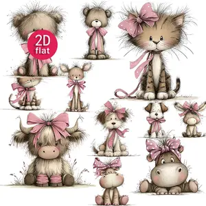 Cute Animal Stickers 2D Flat Design Journal Decorative Stickers Little Panda and Dog Patterns Pink Bow Cartoon Stickers 4-7cm Suitable for Journal and Diary Decoration