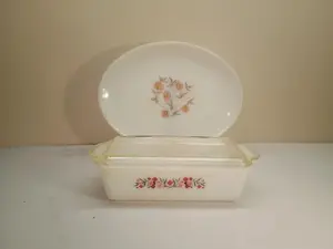 Fire King Primrose Rectangle Loaf Baker w/ Lid & Fleurette Oval Platter