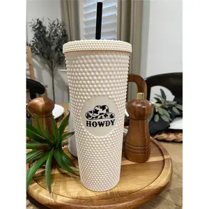 Howdy Cowgirl Tumbler - Cow Print 24oz Textured Studded Double Wall Tumbler with Lid and Straw Coffee Cup Matte White - Bottle, Drinkware