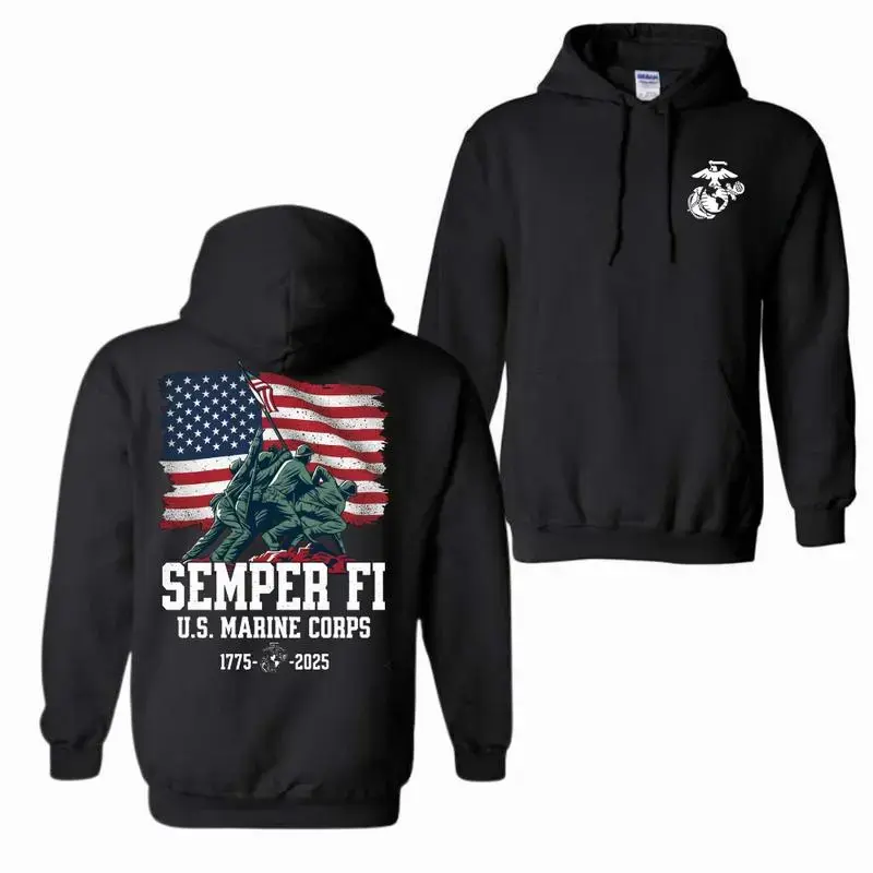 Women's USMC 250th Birthday Long Sleeve Hoodie - 1775-2025 US Marine Corps Anniversary Casual Top, Simple Fashion Soft Cotton Unisex Pullover, Military Pride Gift for Veterans & Supporters