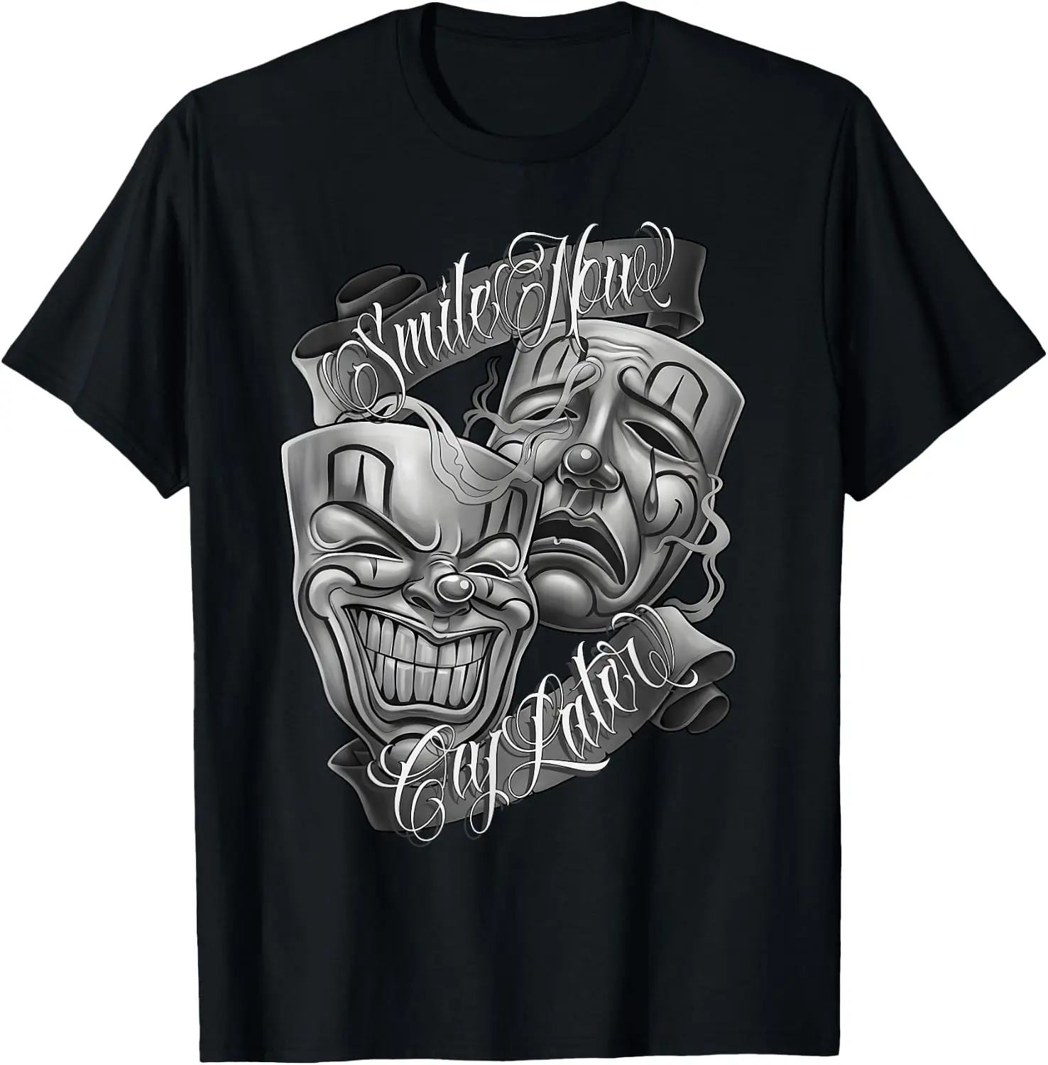 Smile Now Cry Later Chicano Tattoo Art Cholo Chola Clown Graphic T-Shirt Unisex Soft Cotton Crew Neck Short Sleeve Tee West Coast Latino Vintage Streetwear Top