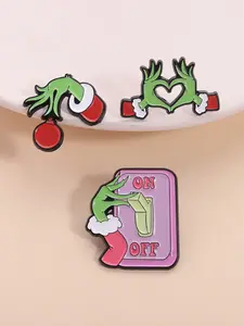 3-Piece Cartoon Badges Christmas Theme Creative Brooches, Switch Gesture & Christmas Elements Design, Perfect for Holiday Enthusiasts