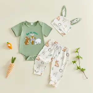 Infant Baby Boys Easter Outfit Sets Short Sleeve Bunny Sheep Cross Embroidery Romper Pants Hat Newborn Sets 0-12 Months